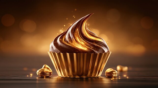 Gourmet chocolate cupcake with gold accents and bokeh background
