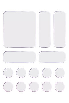 Transparent glass elements with liquid morphism effect for ui design and modern interfaces. Rounded rectangles, circles and buttons with frosted blur overlay. Glassmorphism components for web or app