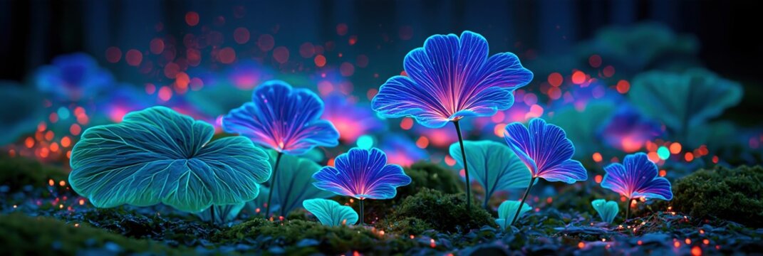 Magical glowing blue flowers in a dark forest at night