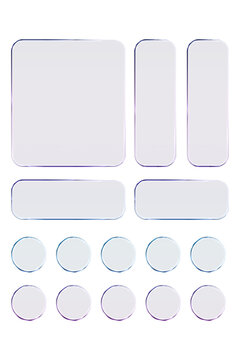 Transparent glass elements with liquid morphism effect for ui design and modern interfaces. Rounded rectangles, circles and buttons with frosted blur overlay. Glassmorphism components for web or app