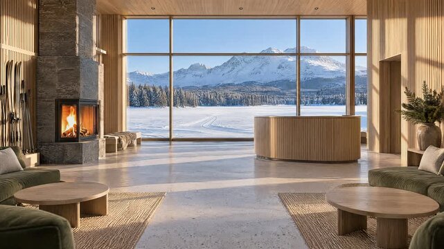 Nordic luxury ski lodge lobby lounge with soapstone fireplace and frozen lake trails in afternoon sun, 4K background video