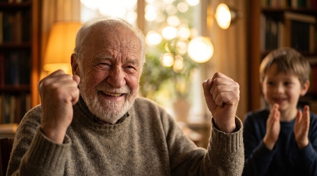 Senior man celebrating with grandchild in warm home environment