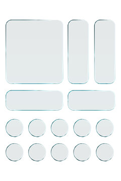 Transparent glass elements with liquid morphism effect for ui design and modern interfaces. Rounded rectangles, circles and buttons with frosted blur overlay. Glassmorphism components for web or app