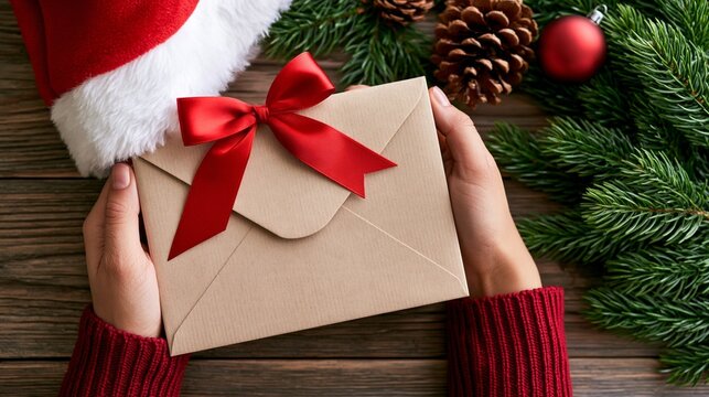 Hands hold a gift wrapped with red ribbon