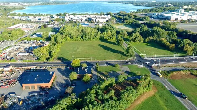 Aerial views of Syracuse, New York near the Inner Harbor