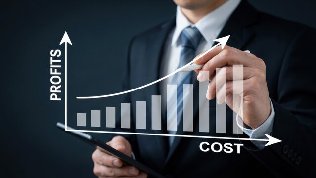 Businessman using a stylus to draw an upward trending profit and cost chart