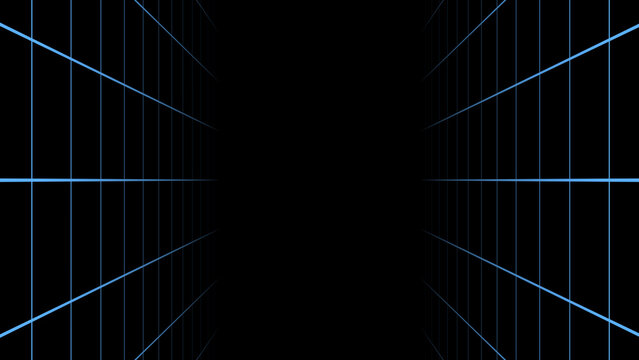 Dynamic blue perspective wireframe grid on pitch black background for futuristic technology cyberspace network digital data abstract