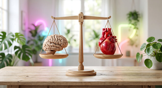 Balance Between Mind and Heart as a Symbol of Rational Thinking, Emotional Awareness and a Healthy Approach to Life. Concept of Balance Between Mind and Heart as a Symbol.
