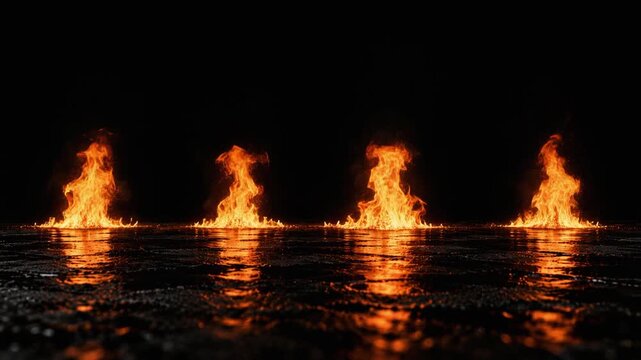 Four Separated Fire Columns Flickering in a Horizontal Row