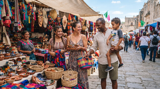 Family browsing crafts at a vibrant outdoor market stall