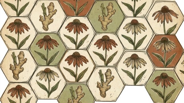 Vintage herbal pattern with ginger root and flower botanical illustrations