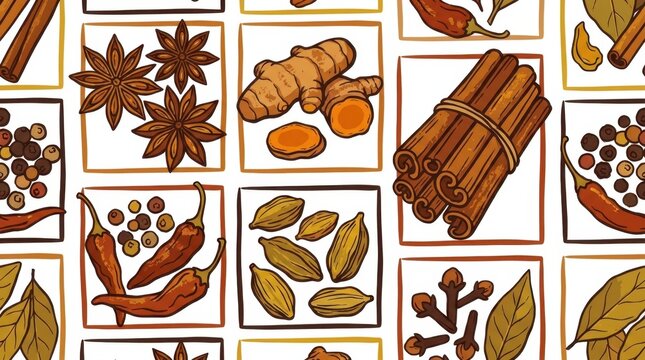 Hand-drawn pattern of various dried spice herb natural cooking ingredients