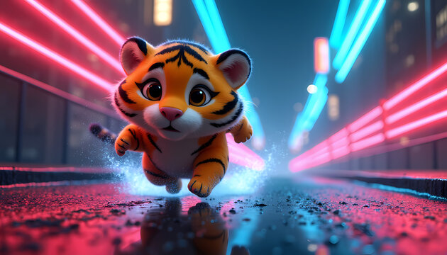 tiger running in neon night