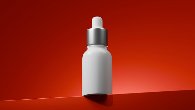 White Serum Dropper Bottle Mockup on Red Geometric Podium