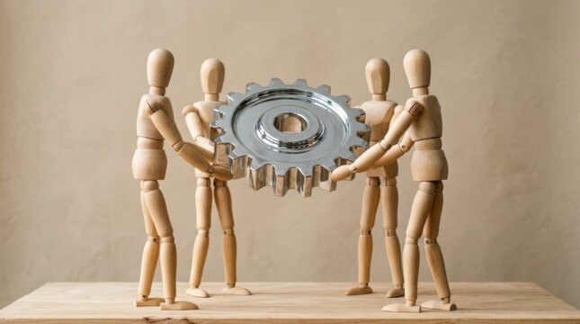 Four wooden figures cooperatively holding a large gear