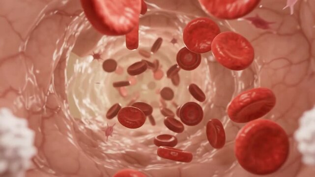 3D animation of red blood cells, white blood cells, and platelets flowing inside a human blood vessel or vein