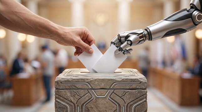 Human hand and robotic arm casting ballots into futuristic stone voting box at election station