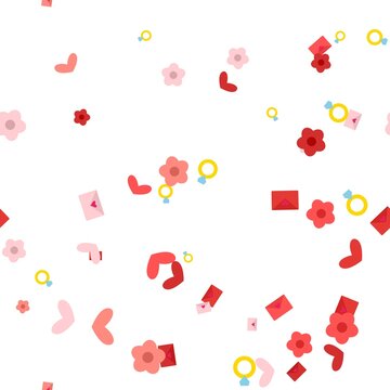 pattern seasonal valentine square Seamless pattern with cute love elements, flowers, hearts, rings, and envelopes on white background