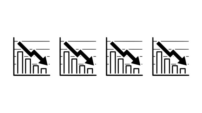 Set of four black outline decreasing charts with downward arrows showing business loss and economic recession, financial crisis and decline concept