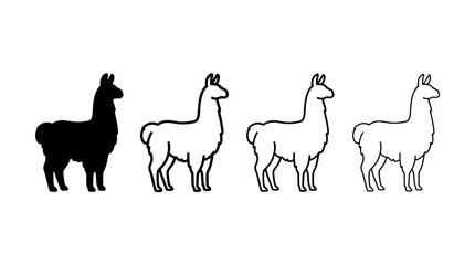 Fototapeta premium Set of four llama and alpaca vector silhouettes and outline icons isolated on white background
