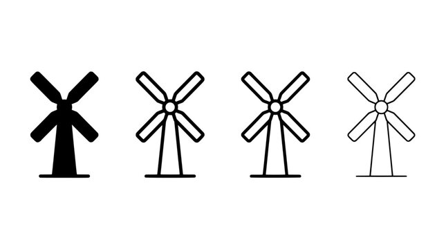 Set of four windmill icons in different styles including solid and outline vector illustration