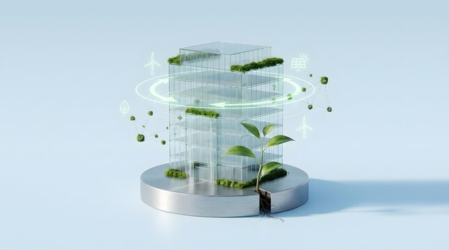 Modern glass office building with green plants and renewable energy symbols, ecofriendly architecture
