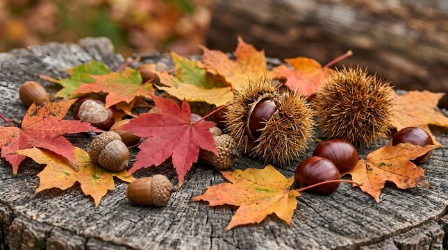 A rustic autumn scene featuring maple leaves in shades of red  orange  and yellow alongside acorns and spiky chestnut burrs resting on a textured wooden surface