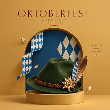 Traditional green felt hat for oktoberfest on yellow platform with oktoberfest bavarian tradition clothing accessory edelweiss festival celebration