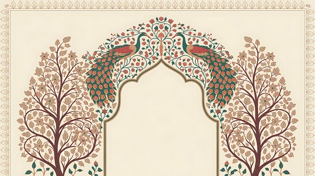 Mughal inspired wallpaper featuring a peacock, palm trees, and a flowering tree in arched panels 