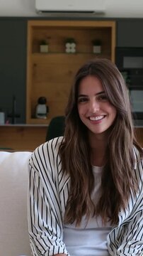 Charming young woman with long brown hair sitting comfortably on a sofa in a modern living room, smiling genuinely and looking at the camera with a joyful and relaxed expression