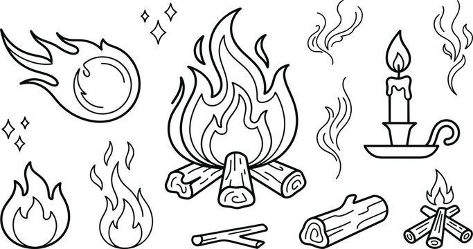 Campfire and Flame Elements Line Art Vector Set Featuring Bonfires, Burning Candle, Flying Fireball, Wooden Logs, and Smoke Doodle Icons