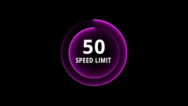 Dynamic road speed limit 50 graphic with futuristic blue neon glow effect on a black background for presentations and technology. Road speed limit 50 mph sign board,circle neon line template