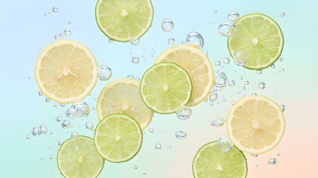 Freshly cut lemon and lime slices are suspended in clear water with visible air bubbles  set against a gentle pastel colored backdrop