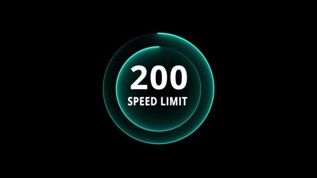 Dynamic road speed limit 200 graphic with futuristic blue neon glow effect on a black background for presentations and technology. Road speed limit 200 mph sign board,circle neon line template