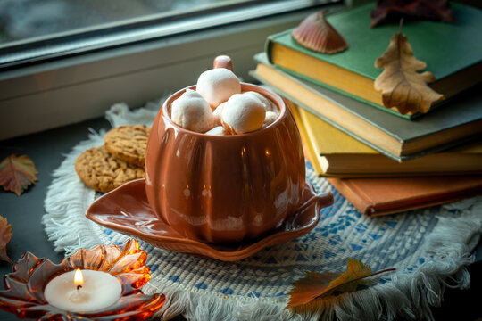 Mug of hot chocolate or cocoa with marshmallows, books and autumn decoration on windowsill. Warm cozy fall mood. 