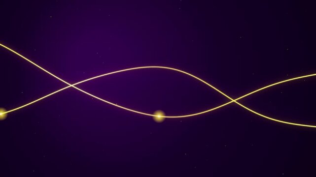 Golden glowing waves with orbs in deep purple space background motion.