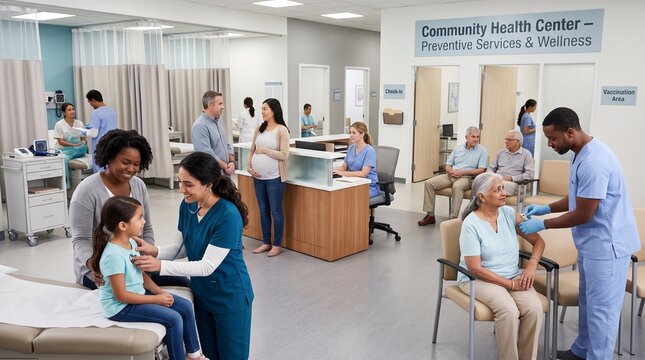 Diverse patients and healthcare staff engaging in preventive medical consultations at a modern clinic