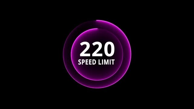 Dynamic road speed limit 220 graphic with futuristic blue neon glow effect on a black background for presentations and technology. Road speed limit 220 mph sign board,circle neon line template
