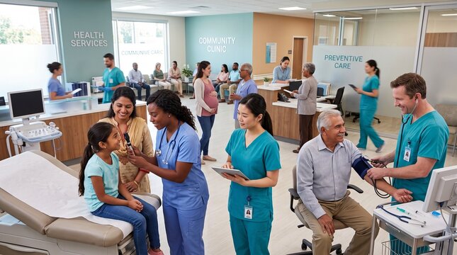 Diverse group of healthcare professionals and patients engaging in a collaborative medical consultation in a modern clinic