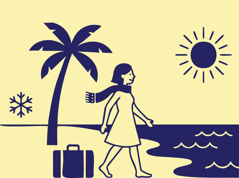 Woman walking on beach with suitcase in paradoxical weather