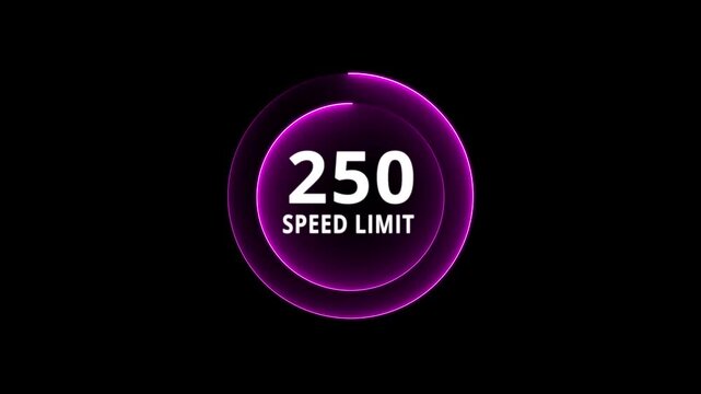 Dynamic road speed limit 250 graphic with futuristic blue neon glow effect on a black background for presentations and technology. Road speed limit 250 mph sign board,circle neon line template