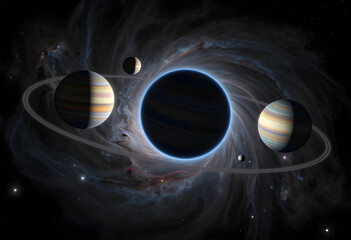 Fototapeta premium Astronomy and space exploration, multiple planets orbiting a dark star in deep space with cosmic nebula and rings in a distant galaxy system