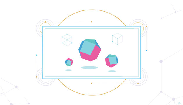 Futuristic banner featuring floating abstract 3d geometric crystals inside a blue rectangular frame on a tech background.