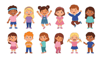 Fototapeta premium Cute cartoon kids showing different emotions collection set with happy sad angry crying surprised confused children isolated flat vector illustration