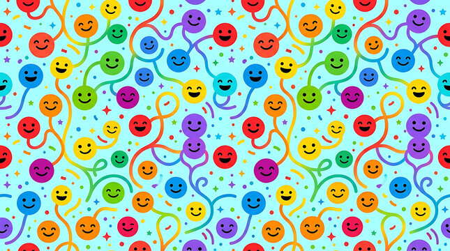 Smiley face pattern featuring colorful happy emoticons connected by winding lines on a light blue background.