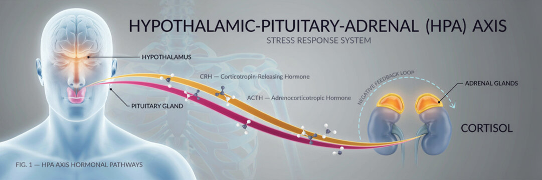 Schematic illustration of the Hypothalamic-Pituitary-Adrenal (HPA) axis, detailing the human body's stress response system with key glands and hormones, including cortisol