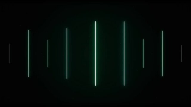 Minimalist digital equalizer with vertical glowing lines on black background, representing audio frequency and sound wave rhythm, perfect for music production, tech presentations, and futuristic