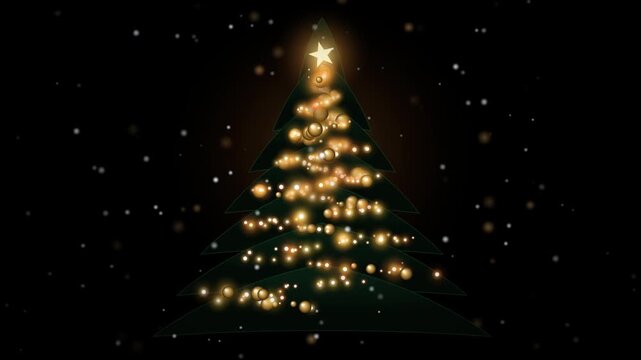 Elegant Christmas Tree with Warm Glowing Lights, Golden Ornaments and Falling Snow