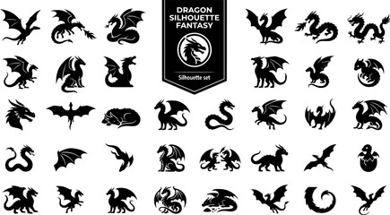 Fototapeta premium Dragon Silhouette Fantasy Collection Set Black White Vector Isolated White Background 
