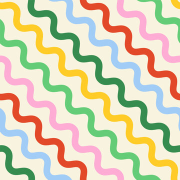 Seamless pattern with colorful wavy diagonal stripes. Holiday vector flat background for textile, stationery or wrapping paper